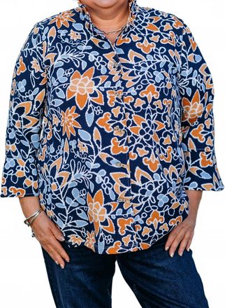 Multiples 3/4 Flounce Sleeve Wire Collar 2 Pocket Shirt In Blue