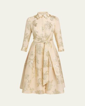 Teri Jon Pleated Metallic Jacquard Midi Shirtdress