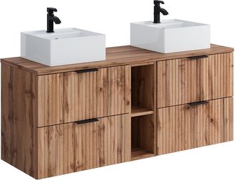 Vente-Unique Mueble de ba&ntilde;o suspendido con estantes y lavabo cuadrado sobre encimera - Natural claro - L140 cm - ZEVARA