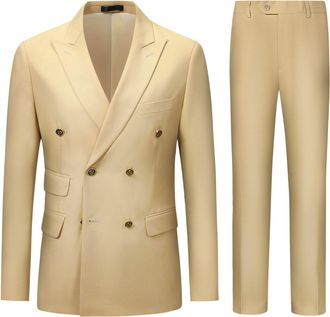 AlltheMen Mens 2 Piece Double Breasted Suits Business Slim Fit Suit Formal Suit Jackets Trousers Beige XL