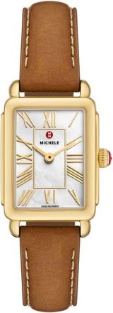 Michele Deco Park Mother-of-Pearl Leather Strap Watch, 23mm x 29mm in Brown /Gold at Nordstrom