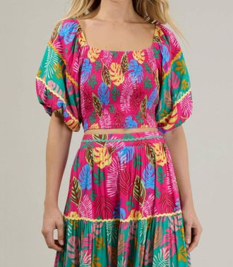 Sugarlips Marina Tropical Smocked Crop Top In Fuchsia