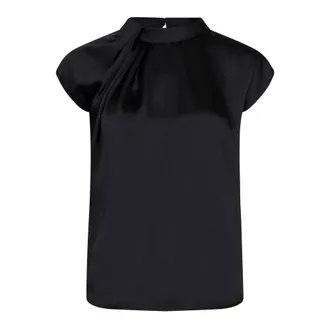 Neo Noir Zwarte Satijnen Drapy Blouse met Knoopdetail - Dames - Blouses & Shirts - Zwart - Maat: L Satijn