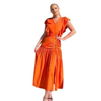 AX PARIS Midi-jurk met ruches op de schouders van polyester voor dames (Oranje)