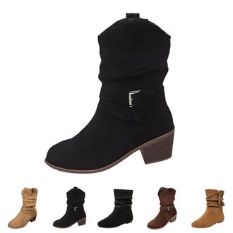 Generic Women Suede Mid-Calf Boots Winter Chunky Heels Pleated Short Boots Ladies Slouchy Round Toe Rouched Shoes Casual Comfortable Slip On Boot Fall Winter 