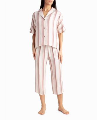 Nicole Miller Woven Shirt And Capri Two-Piece Sleepwear Set In Dune Textured Block Stripe