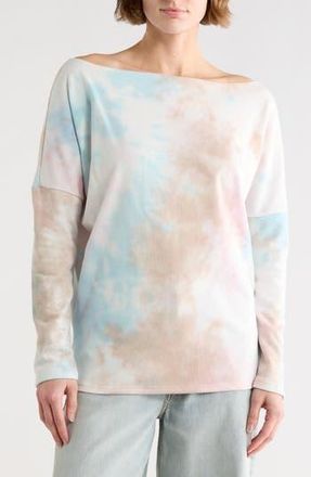 Go Couture Tie Dye Boat Neck Sweater in White/Mocha Splash Multi at Nordstrom Rack, Size X-Large