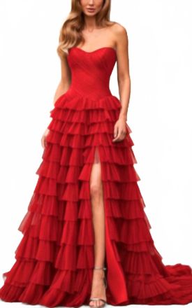 La Femme Corset Tulle Ball Gown In Red
