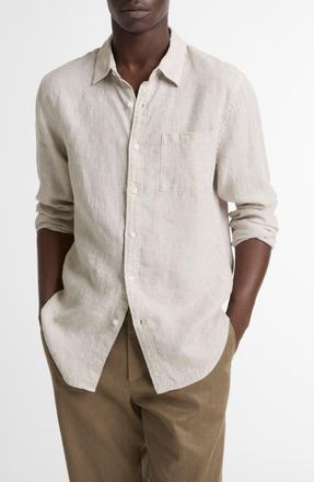 Vince Houndstooth Classic Fit Linen Button-Up Shirt in Teak/optic White at Nordstrom, Size Xx-Large