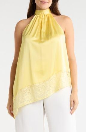 Renee C Sleeveless Lace Trim Satin Asymmetric Top in Butter Yellow at Nordstrom Rack, Size 1X