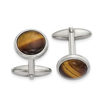 Diamond2Deal Stainless Steel Polished Tigers Eye Circle Cufflinks