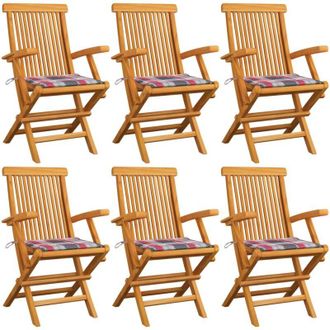 vidaXL Sillas De Jard&iacute;n 6 Uds Madera Teca Con Cojines A Cuadros Rojos Vidaxl
