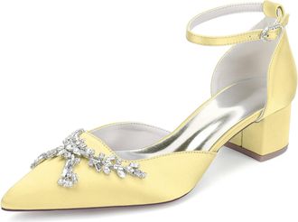 Generic Womens Shoes Evening Low Heel Bridal Wedding Pumps Satin Prom Party Dress Chunky Heels Pumps 4.5Cm,Yellow,10 UK