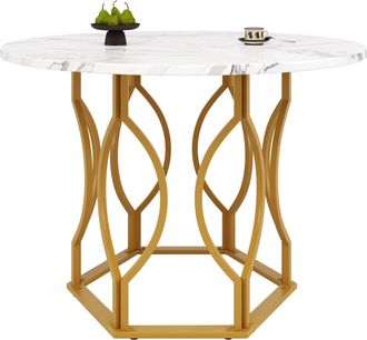 STILVORA Mesa De Comedor Redonda Para 4 Personas En Mdf Y Metal Con Motivo Marmoleado, Patas Ajustables - 100&times;100&times;76 Cm, Dorado Y Blanco