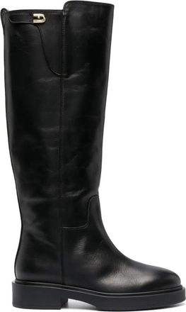 Furla Black Legacy Tall Smooth Finish Buckle Detail Leather Boots