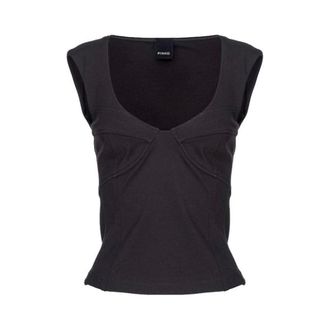 Pinko Sleeveless Tops, female, Black, Size: M Nylon Crew Neck T-Shirt