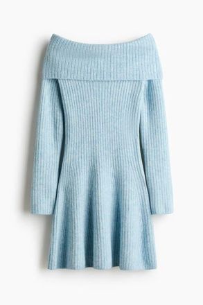 H&M Rib-knit Off-the-shoulder Dress in Light Blue Melange at Nordstrom, Size Xx-Small