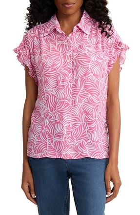Jones New York Abstract Print Ruffle Sleeve Shirt in Dutch Pink/natural White at Nordstrom, Size X-Small