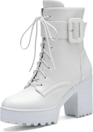 Generic Womens Lace-Up Motorcycle Ankle Boots Platform Chunky Heel Combat Booties,White,7.5 UK