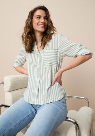 Tamaris Hemdbluse TAMARIS, Damen, Gr. 34, sanftes wei&szlig;, gr&uuml;n gestreift, Web, Obermaterial: 100% Viskose, unifarben, l&auml;ssig geschnitten, V-Ausschnitt, Krempel&auml;
