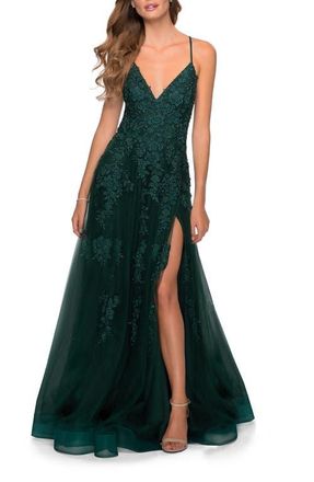 La Femme Tulle Prom Dress with Floral Detail and Side Slit in Dark Emerald at Nordstrom, Size 10