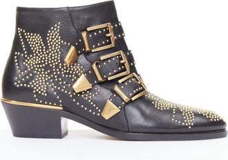 Chlo&eacute; Chloe Susanna black leather gold floral studded triple buckle boots