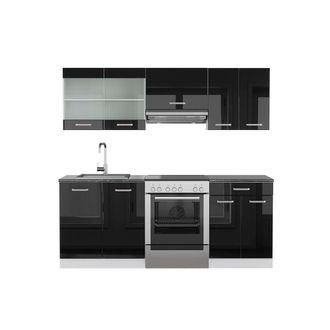 Vicco Mueble De Cocina R-line, Negro Brillo/blanco, 200 Cm, Et Antracita