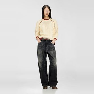Diesel Cable-knit jumper with contrast bands - Knitwear - Woman - Beige