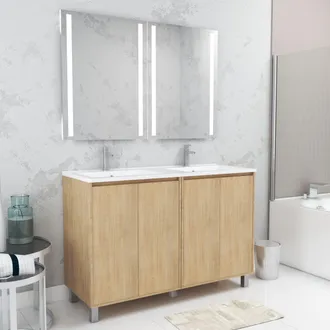 Aurlane Mueble De Ba&ntilde;o 120cm Roble Claro 4 Puertas, Lavabo, 2 Espejos 60x80 Con Luz Led Integrada
