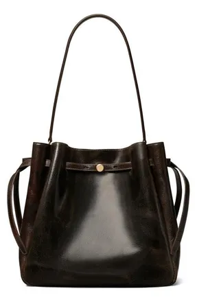 Tory Burch Romy Distressed Large Leather Bucket Bag in Dark Brown at Nordstrom