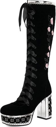 Generic Womens Lace Up Knee High Boots with Embroidery Stitched Round Toe Long Boots Faux Suede Gothic Punk Boot with Zipper,Black1,5.5 UK