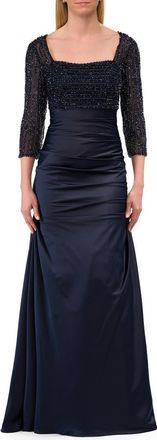 La Femme Beaded Bodice Satin Gown with Three-Quarter Sleeves in Navy at Nordstrom, Size 14