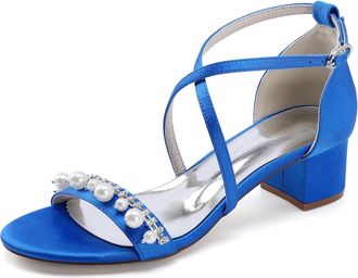 Generic Wedding Bridal Shoes Womens Open Toe Ankle Strap Chunky Heels Sandals Low Bridal Formal Prom Party Dress Shoes 4.5Cm,Royal Blue,10 UK