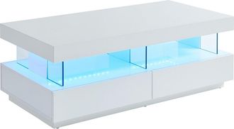 Vente-Unique Mesa de centro 2 cajones y 2 estantes con LEDs - MDF y vidrio templado blanco lacado - FABIO II