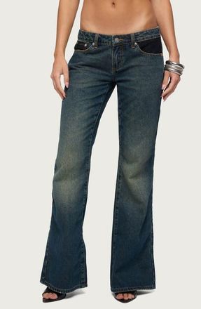 Edikted Tatem Lacey Low Rise Flare Jeans in Blue-Vintage-Washed at Nordstrom, Size X-Small