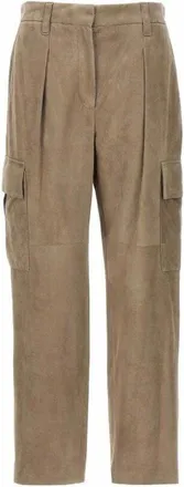 Brunello Cucinelli Taupe Leather Straight Leg Trousers, Brand Size 44 (US Size 10)