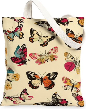 Generic Butterfly Canvas Tote Bags, Colorful Insect Design Reusable Bags, Spring Floral Lightweight Washable Shoulder Strap for Tra, Multicolor, 13x15 Inch