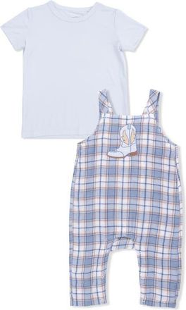 Angel Dear Western Boot Plaid Organic Cotton Muslin Overalls & Jersey T-Shirt Set in Blue at Nordstrom, Size 18-24M