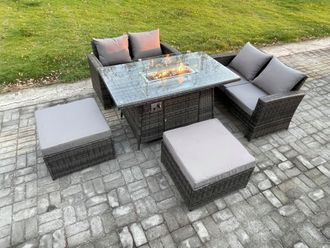 Fimous 5 Pieces Garden Furniture Sets Poly Rattan Outdoor Patio Gas Firepit Dining Table Sofa Set with 2 Big Footstool in Dark Grey