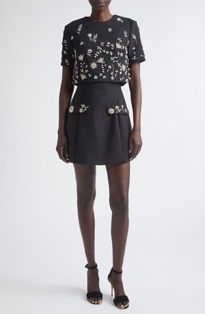 Oscar De La Renta Embellished Crystal Flowers Stretch Wool Cocktail Dress in Black at Nordstrom, Size 10