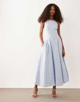 Abercrombie & Fitch Vestito lungo accollato in misto lino azzurro con vita scesa-Blu