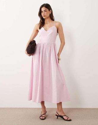 Nobody's Child Jenna - Vestito midi in cotone rosa chiaro con scollo a V e bordi smerlati incrociati sul retro