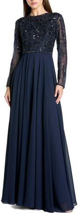 Mac Duggal Embellished Lace Long Sleeve Gown With Chiffon Skirt in Midnight at Nordstrom, Size 10