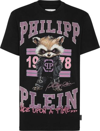 Philipp Plein Tops, Heren, Zwart, S, Katoen, Ronde Hals T-Shirt College Raccoon Stones