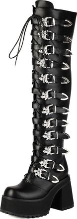 Generic Womens Lace Up Thigh High Boots with Zipper Chunky High Heel Platform Long Boot Round Toe Over The Knee Boots,Black1,7.5 UK