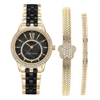 Anne Klein Quartz Crystal Black Dial Ladies Watch and Bracelet Set AK-3672BKST
