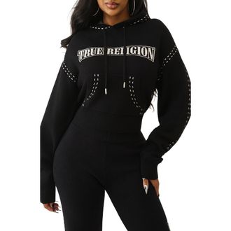 True Religion Logo Graphic Sweater Hoodie in Jet Black at Nordstrom, Size Large