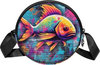 Generic Circle Crossbody Bag for Women, Fish Graffiti Pattern Small Sling Bag Daypack with Zipper Adjustable Shoulder Straps Casual Ladies Girls Round Purse