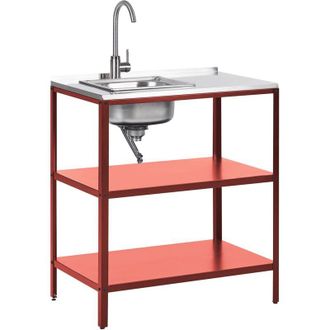Beliani Isola da cucina da esterno in acciaio con lavello e piano in acciaio inossidabile 80x50x92 cm Rosso Vilama