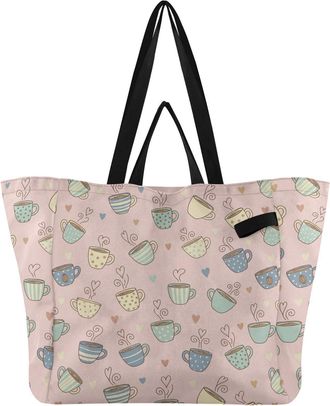 Generic Hearts Pink pattern Reusable Canvas Tote Bag, Heavy Duty Grocery Shopping Bag with Hard Bottom Double Handles Large Capacity Work Groceries Travel